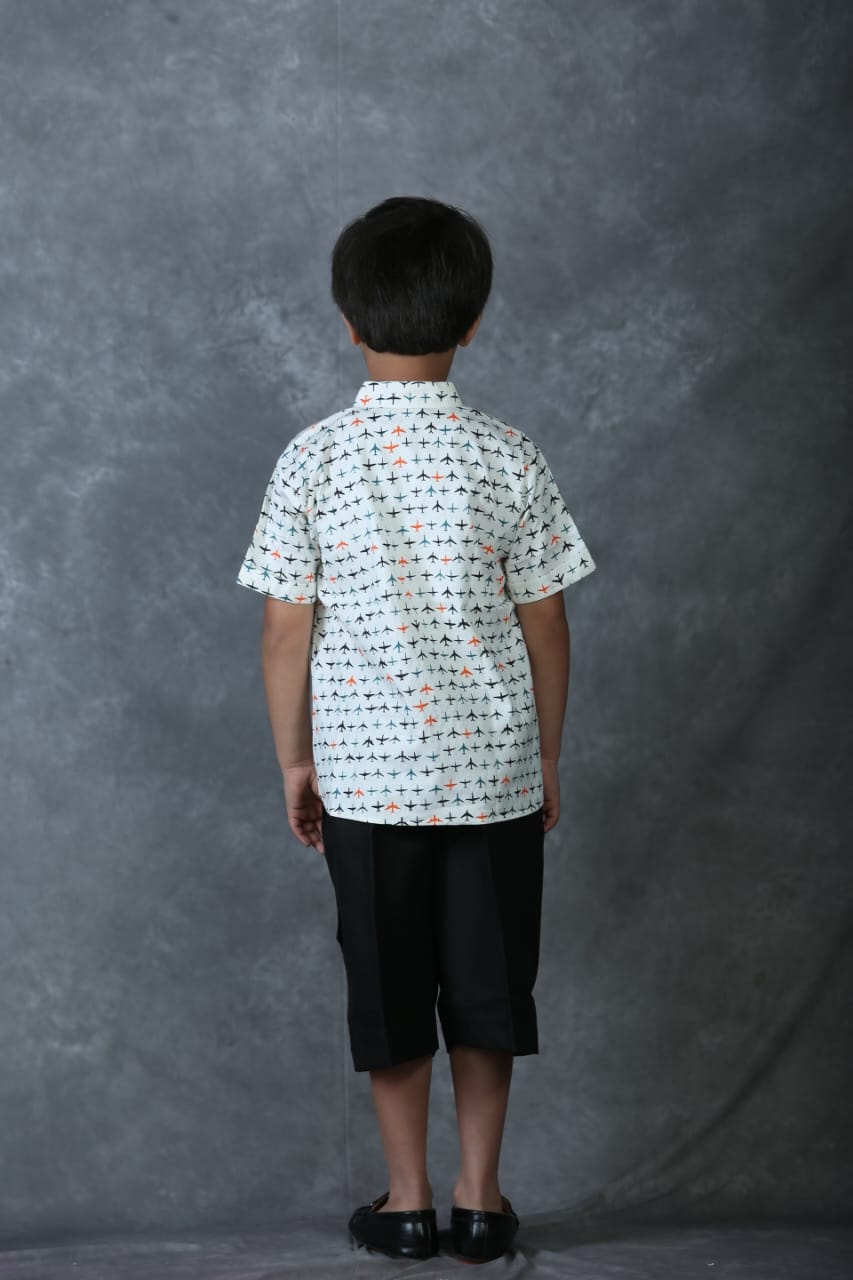 Freesia Array Aeroplane print Kurta shirt with Black Bermuda Shorts for Boys