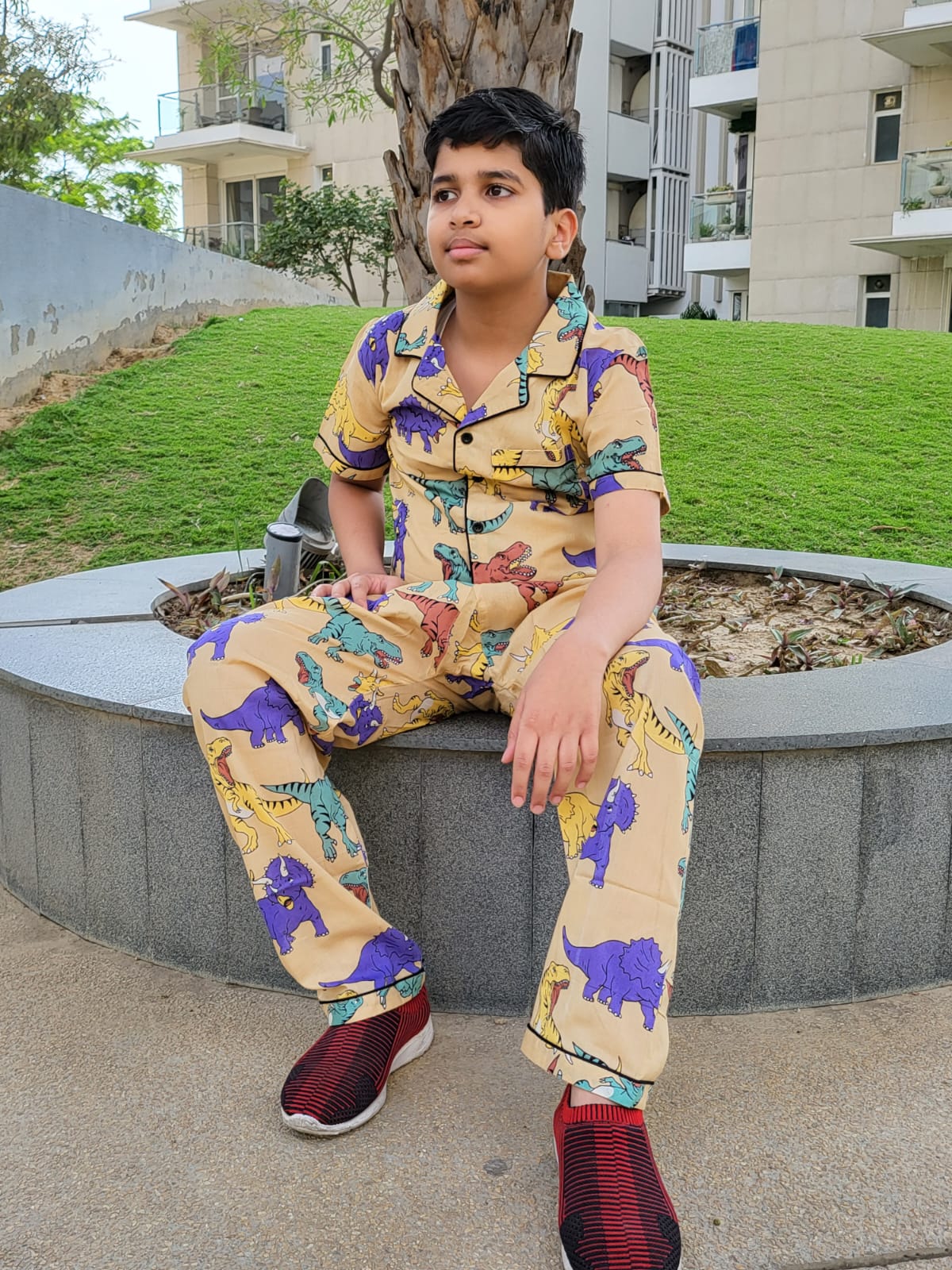 buy gifts online premium Beige Dinosaur Printed Nightwear for boys and girls