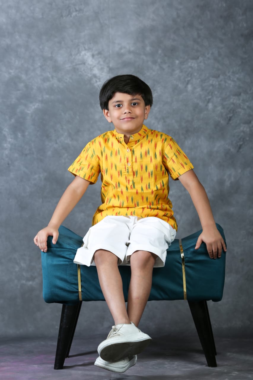 Freesia array Trendy Yellow Kurta shirt with White Bermuda Shorts for Boys