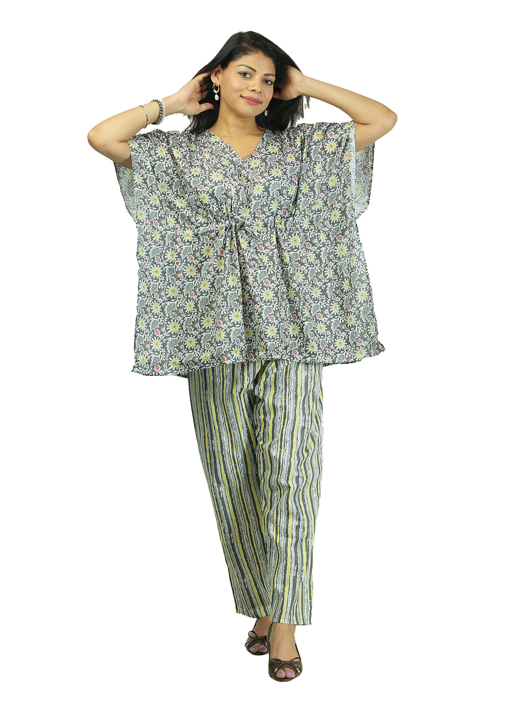 Sunlit Petals Grey and Yellow Women Kaftan Pant Set