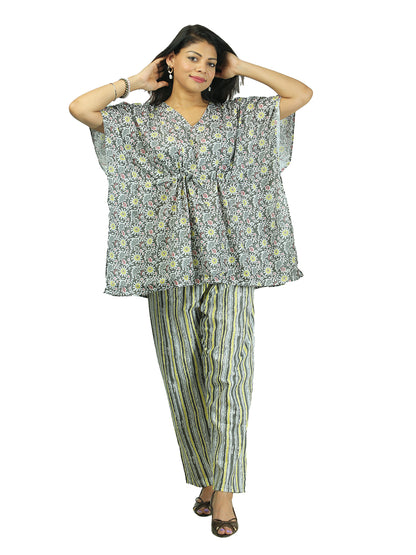 Sunlit Petals Grey and Yellow Women Kaftan Pant Set