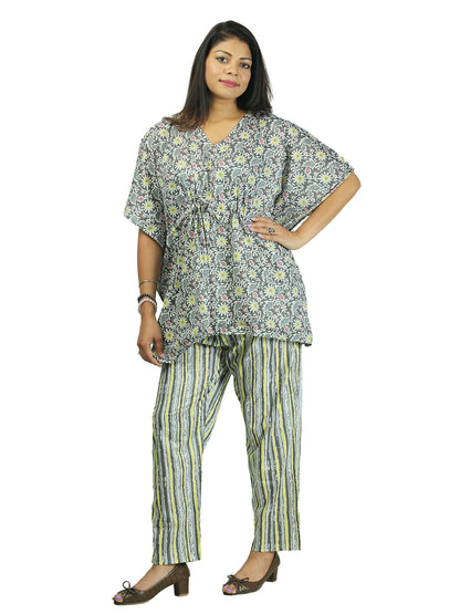 Sunlit Petals Grey and Yellow Women Kaftan Pant Set
