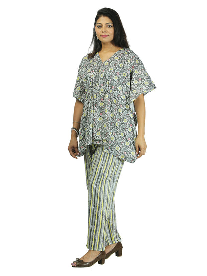 Sunlit Petals Grey and Yellow Women Kaftan Pant Set