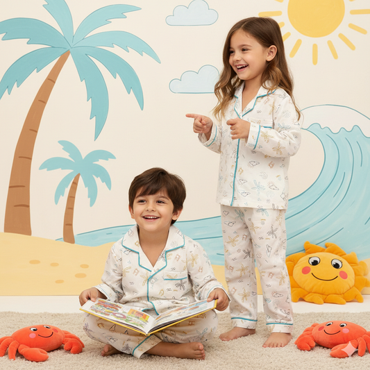 Pure Cotton White Sunny Day Print Unisex Nightsuit Set
