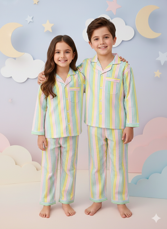 Pure Cotton Striped (Multi-Colored) Unisex Nightsuit Set