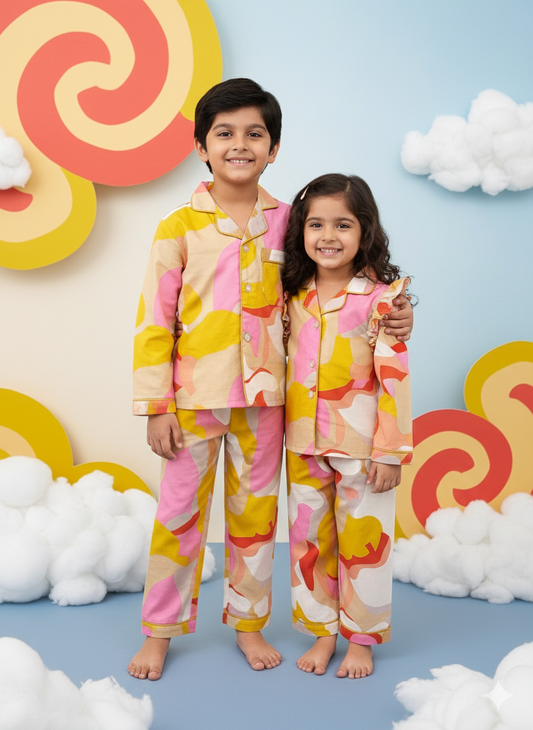 Pure Cotton Color-Splash Printed Unisex Nightsuit Set