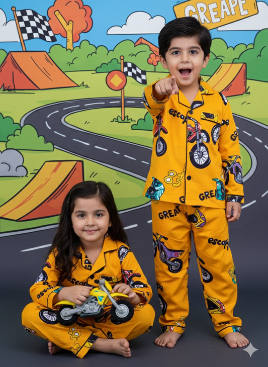Pure Cotton Biker Buddies Printed Unisex Nightsuit Set