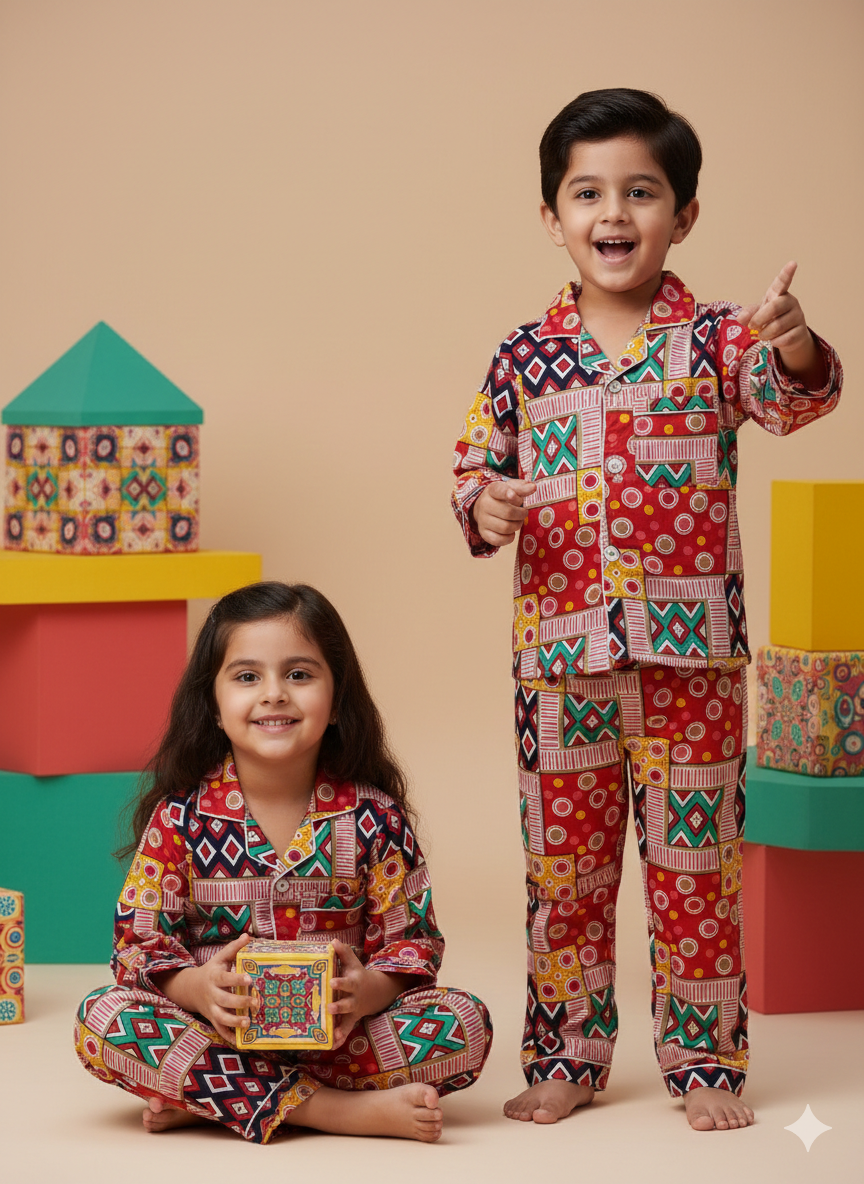 Multi color Geometrical Print Cotton Kids Unisex Nightsuit Set