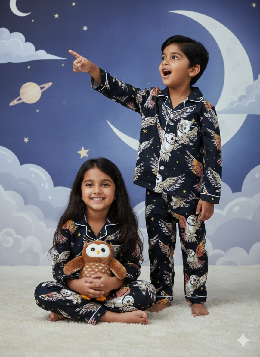 Owl Print Black Cotton Unisex kids Nightsuit set