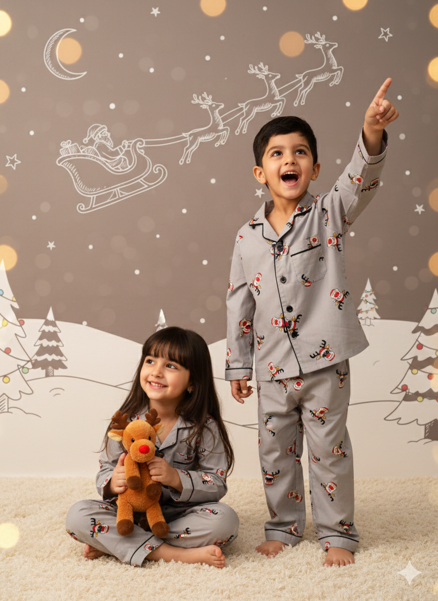 Santa Reindeer print Grey Unisex Kids Nightsuit Set