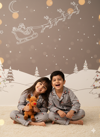 Santa Reindeer print Grey Unisex Kids Nightsuit Set