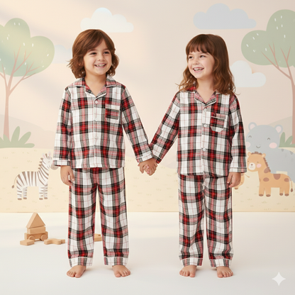 Red Checkered Kids Flannel Winter Unisex Nightsuit Set