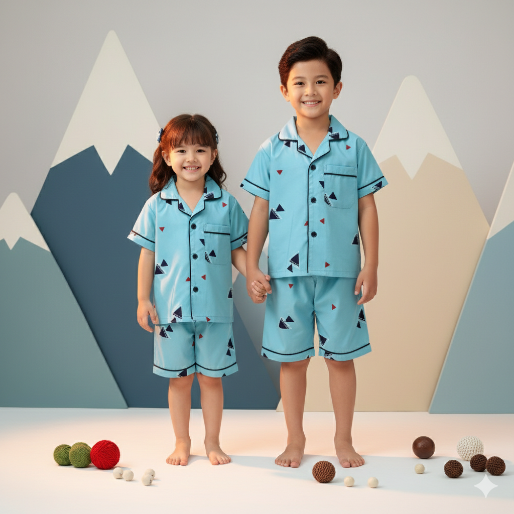 Blue Geometric Unisex Shorts Nightsuit set