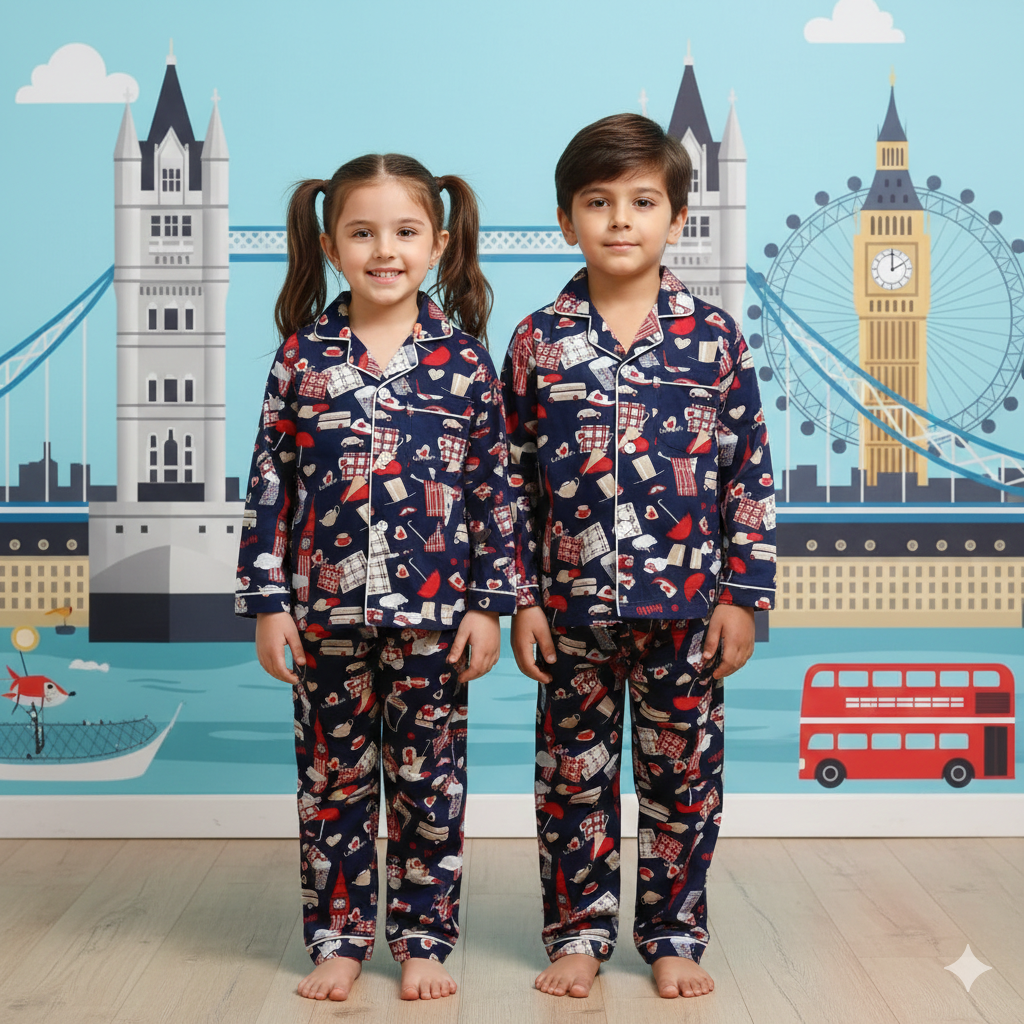 Clock Tower Print Blue and Red Cotton Unisex kids Nightsuit set