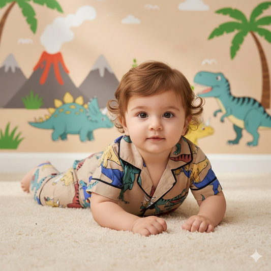 Unisex Beige Dinosaur Printed Night Suit Set