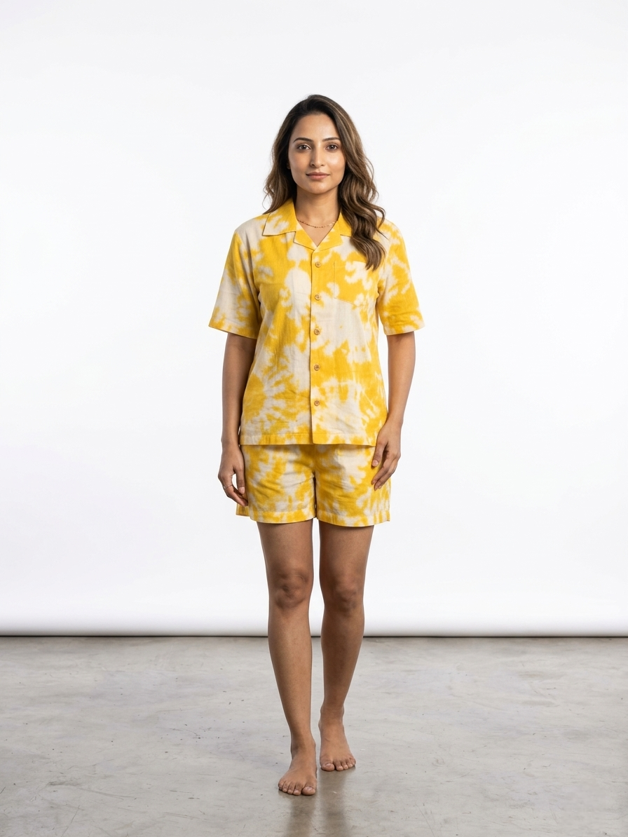 Yellow & White Ikat Print loungewear Short Set for Women