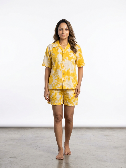Yellow & White Ikat Print loungewear Short Set for Women