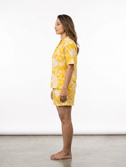 Yellow & White Ikat Print loungewear Short Set for Women