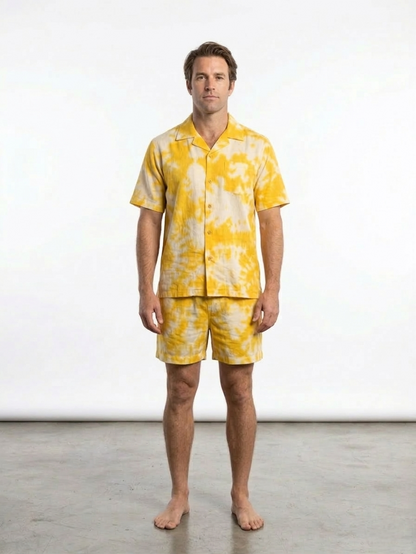 Yellow and White Ikat Print Men's Cotton Nightsuit Set, Collared Shirt with Shorts