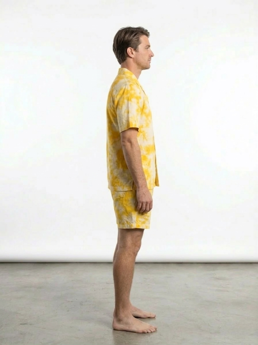 Yellow and White Ikat Print Men's Cotton Nightsuit Set, Collared Shirt with Shorts