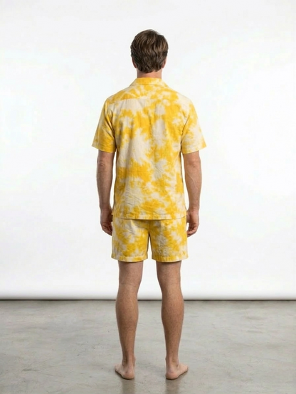 Yellow and White Ikat Print Men's Cotton Nightsuit Set, Collared Shirt with Shorts