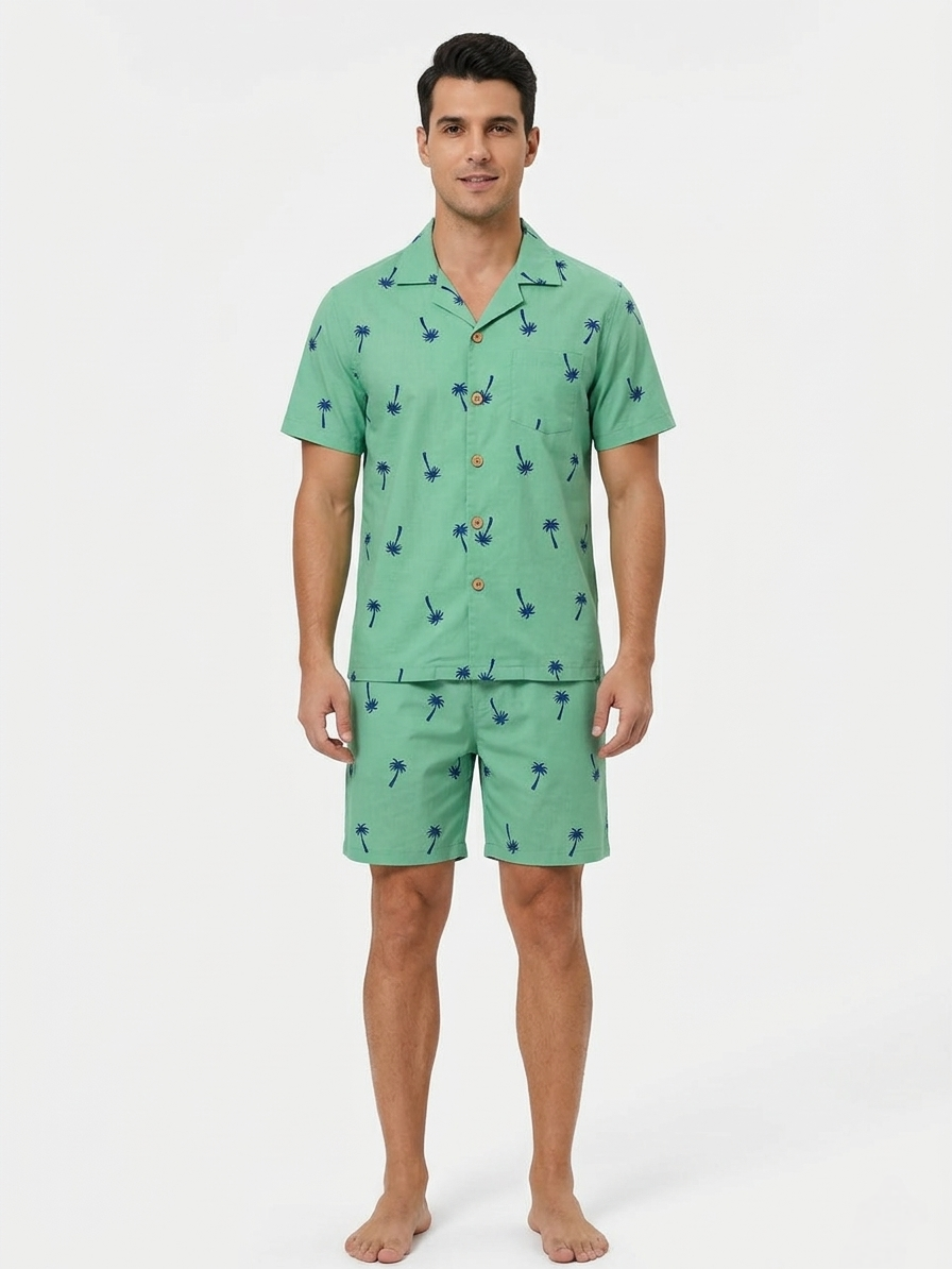 Green with Blue Palm Tree Print Men's Cotton Nightsuit Set, Collared Shirt with Shorts