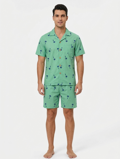 Green with Blue Palm Tree Print Men's Cotton Nightsuit Set, Collared Shirt with Shorts