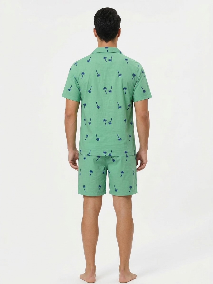 Green with Blue Palm Tree Print Men's Cotton Nightsuit Set, Collared Shirt with Shorts