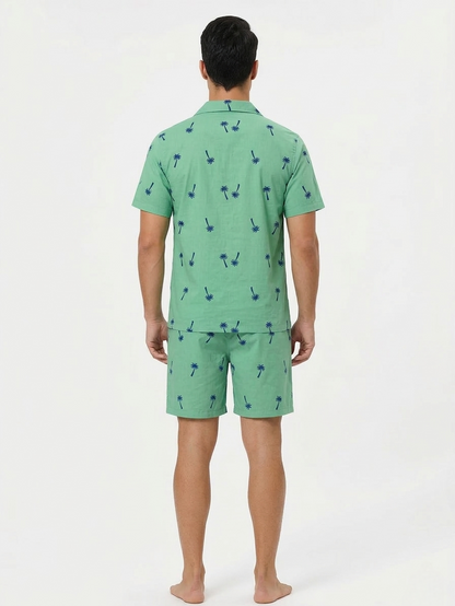 Green with Blue Palm Tree Print Men's Cotton Nightsuit Set, Collared Shirt with Shorts