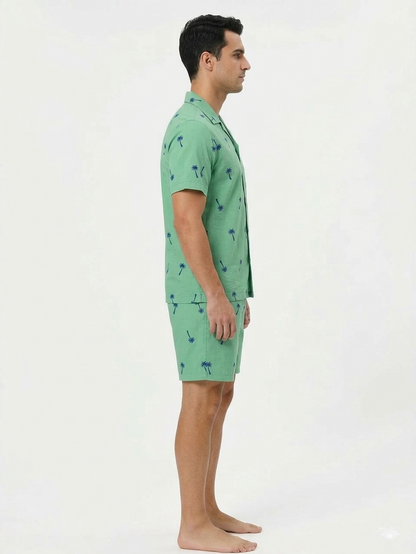 Green with Blue Palm Tree Print Men's Cotton Nightsuit Set, Collared Shirt with Shorts