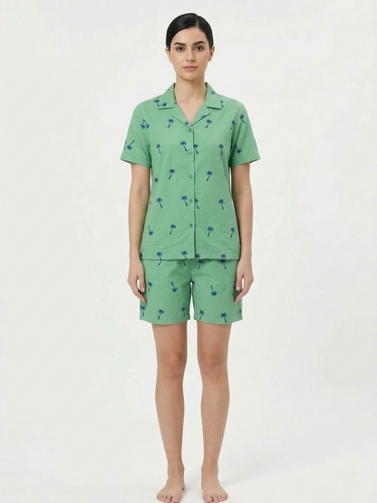 Green & Blue Palm Tree Print loungewear Short Set for Women