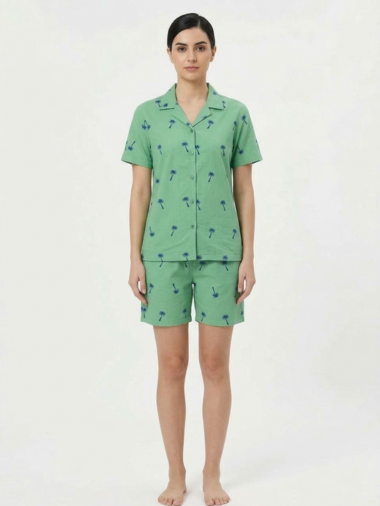 Green & Blue Palm Tree Print loungewear Short Set for Women