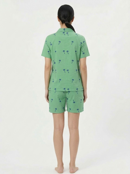 Green & Blue Palm Tree Print loungewear Short Set for Women