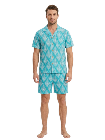 Teal Leaf Print Men's Cotton Nightsuit Set