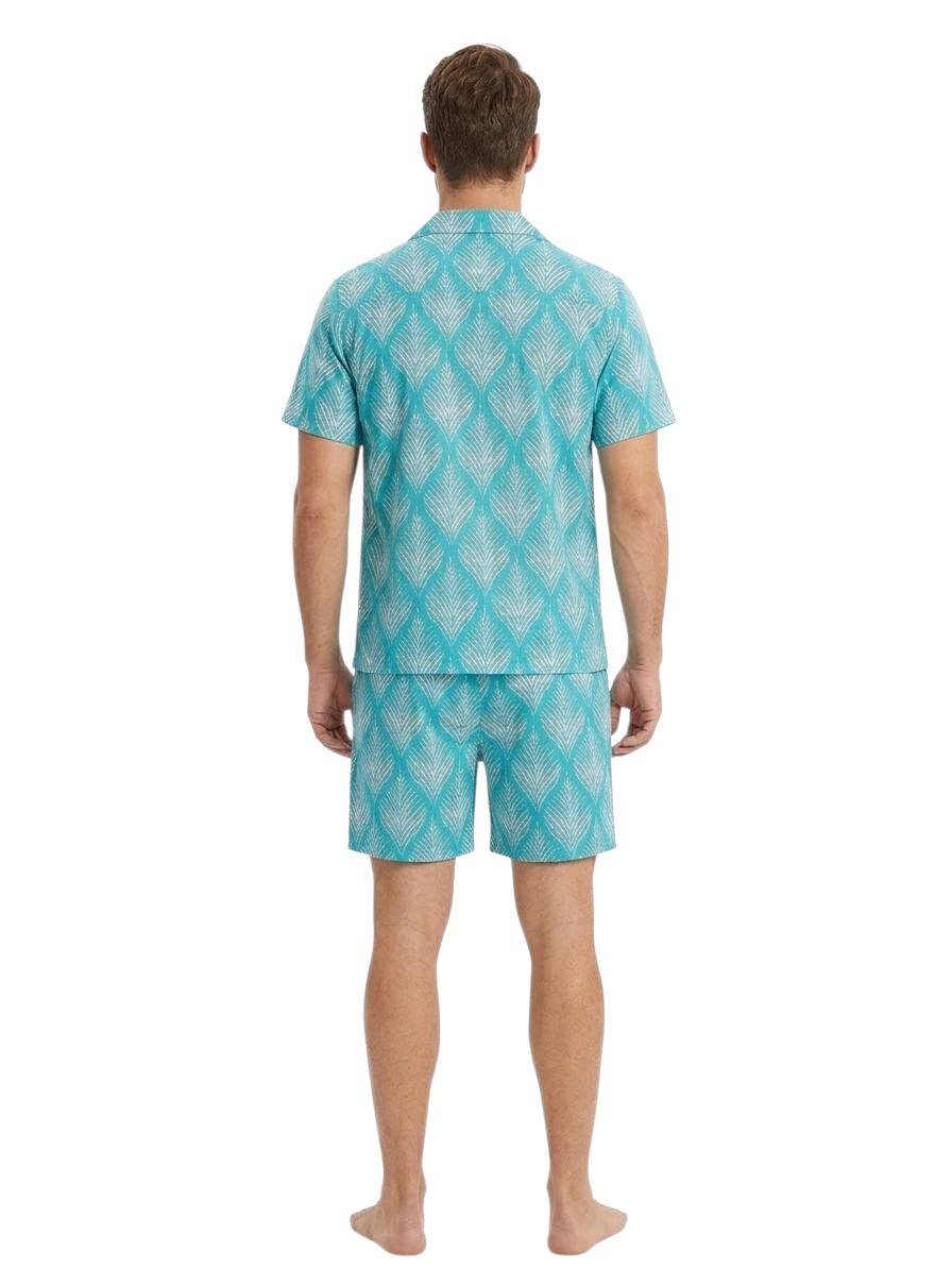 Teal Leaf Print Men's Cotton Nightsuit Set