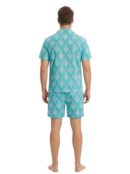 Teal Leaf Print Men's Cotton Nightsuit Set