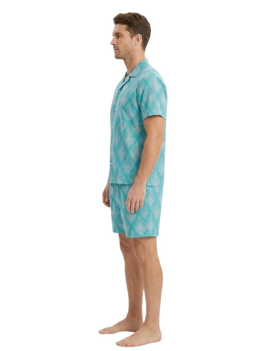 Teal Leaf Print Men's Cotton Nightsuit Set