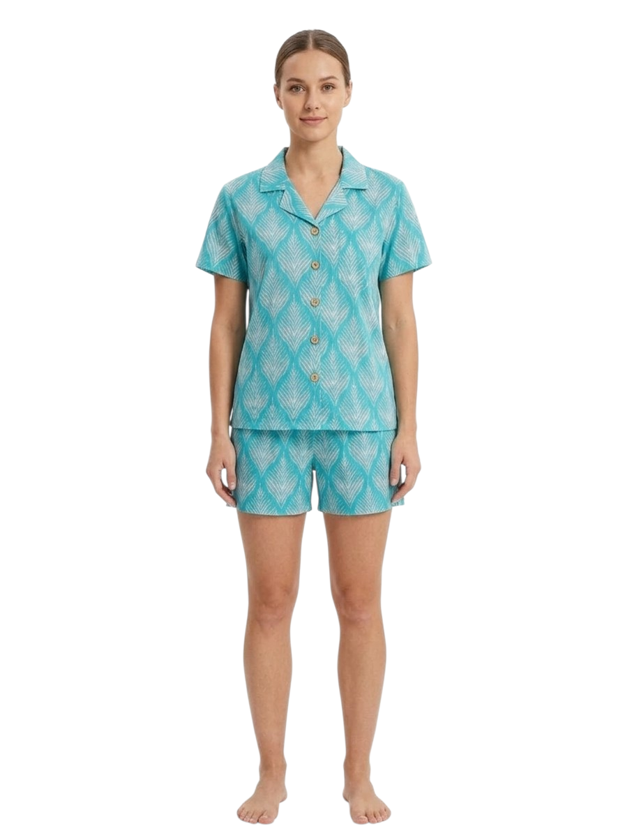 Teal Leaf Print loungewear Short Set for Women