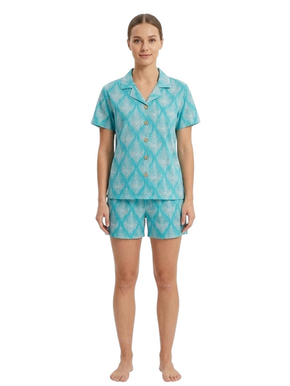 Teal Leaf Print loungewear Short Set for Women