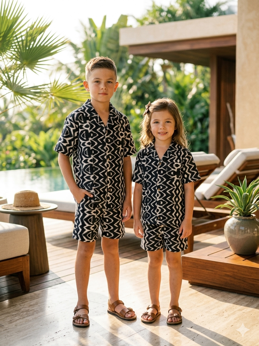 Black Ikat print Unisex Shorts Nightsuit Set