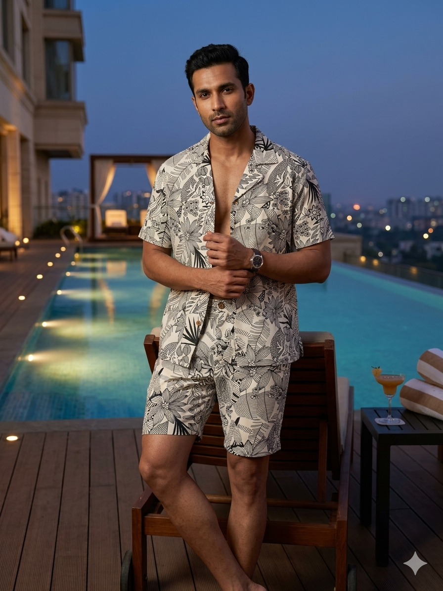Tropical Print Men's Cotton Nightsuit Set