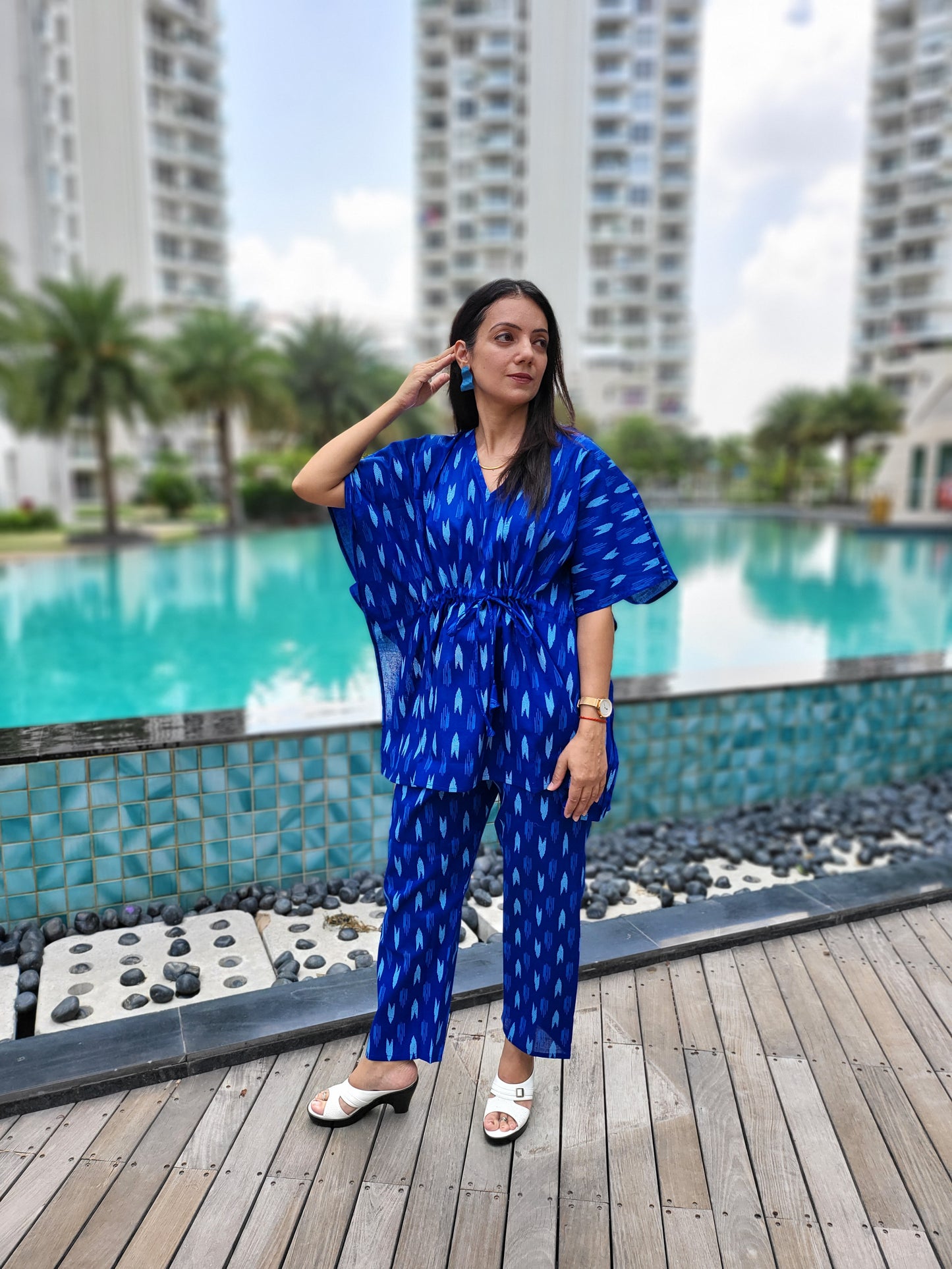 Buy Freesia Array blue cotton kaftan with pant