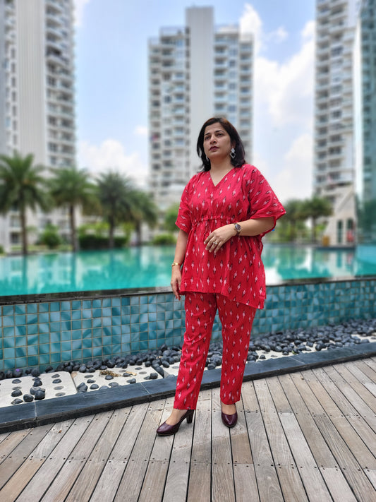 Buy women red kaftan co-ord set for vacation