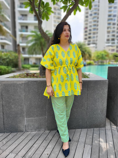 Buy yellow and blue cotton women kaftan pant set 