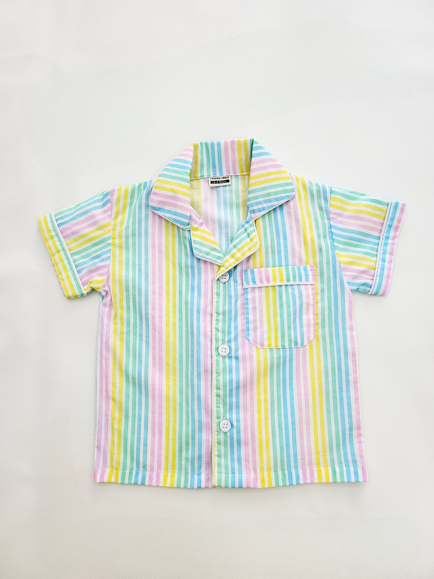 Multicolor striped Peace Palette Night Suit Set, made from soft cotton, featuring a short sleeve design with pyjama, a great way to add some color and comfort to your bedtime routine