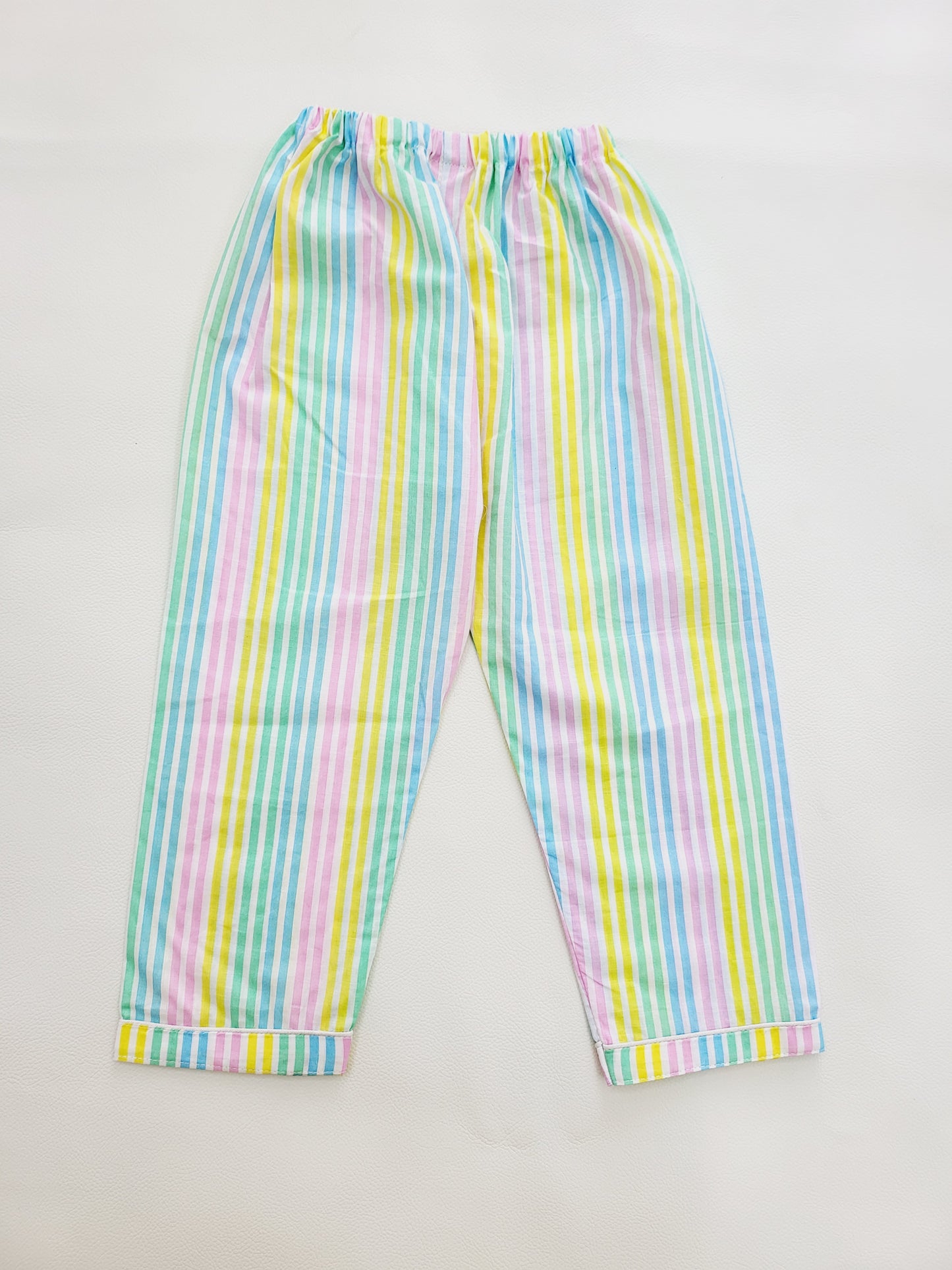 White cotton Peace Palette Night Suit Set with multicolor stripes, featuring a short sleeve design with pyjama, a unisex sleepwear option that's perfect for any age or style