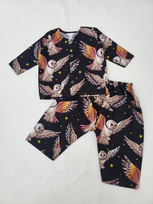 Owl Print Black Cotton Unisex Infant Set