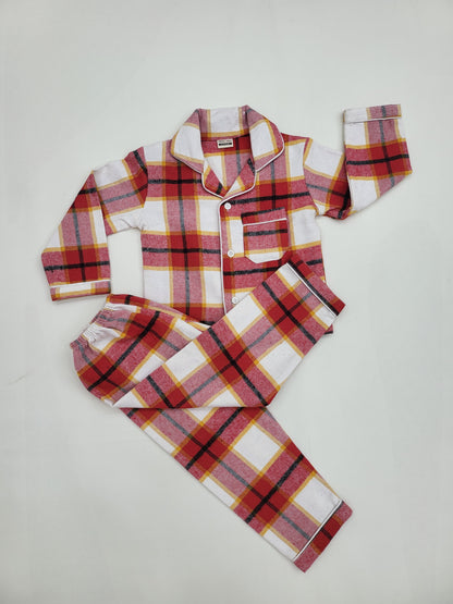 Red and White Checkered Flannel Winter Unisex Kids Nightsuit Set