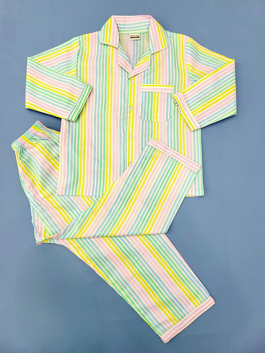 Soft and cozy white nightsuit with pastel rainbow stripes for a sweet sleep