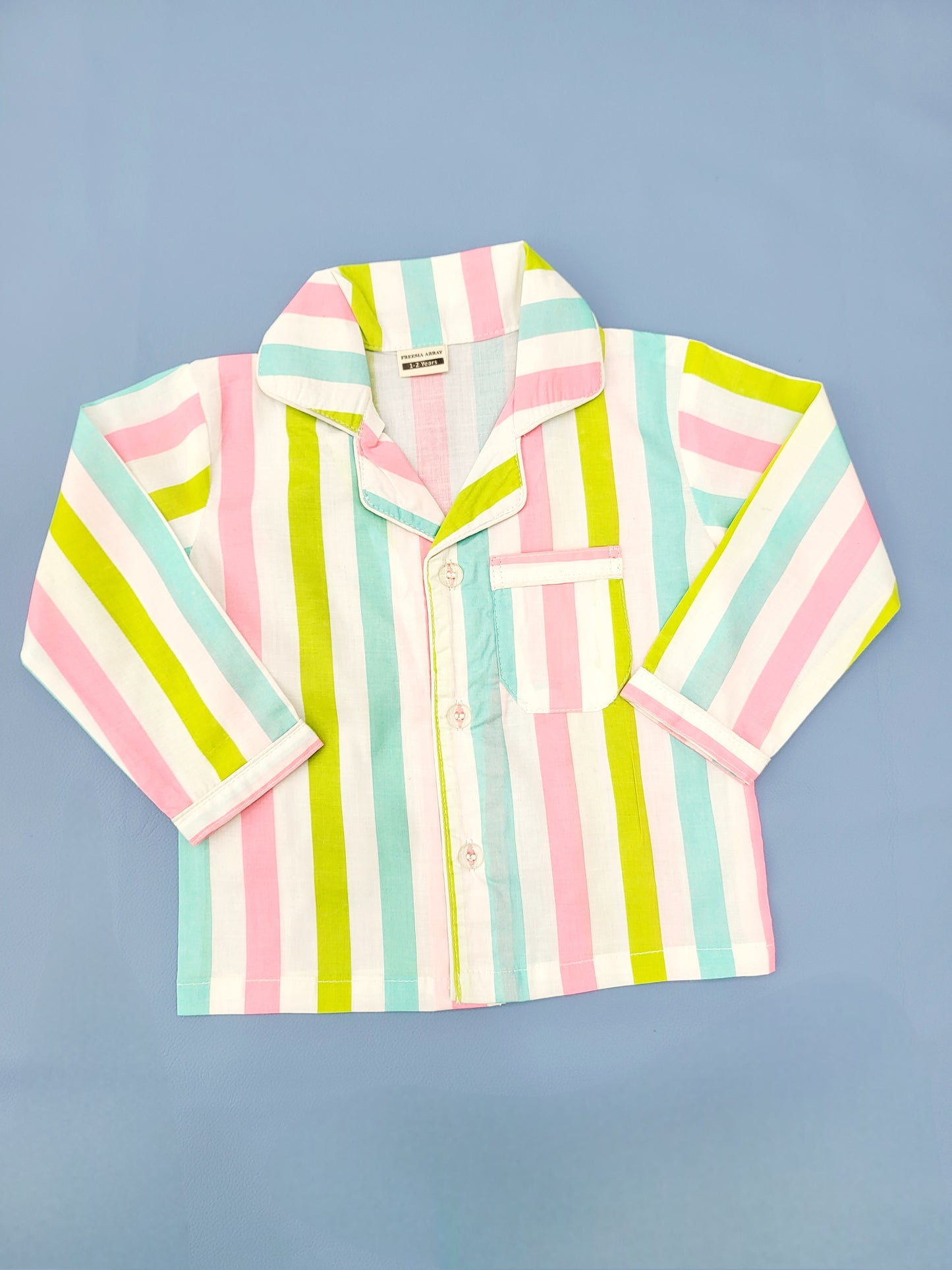 White base cotton full sleeve nightsuit with colorful stripe print, a great way to add some excitement to bedtime, suitable for boys and girls aged 1-14 years